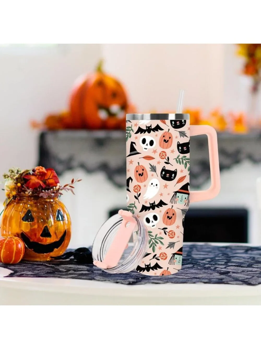 40oz Halloween Tumbler with Handle, Straw & Lid - Spooky Skull Ghost Pumpkin
